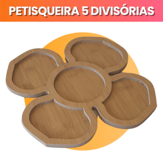 Petisqueira de Madeira 5 Divisórias | Formato Flor para Petiscos, Queijos, Frutas e Doces – 30cm