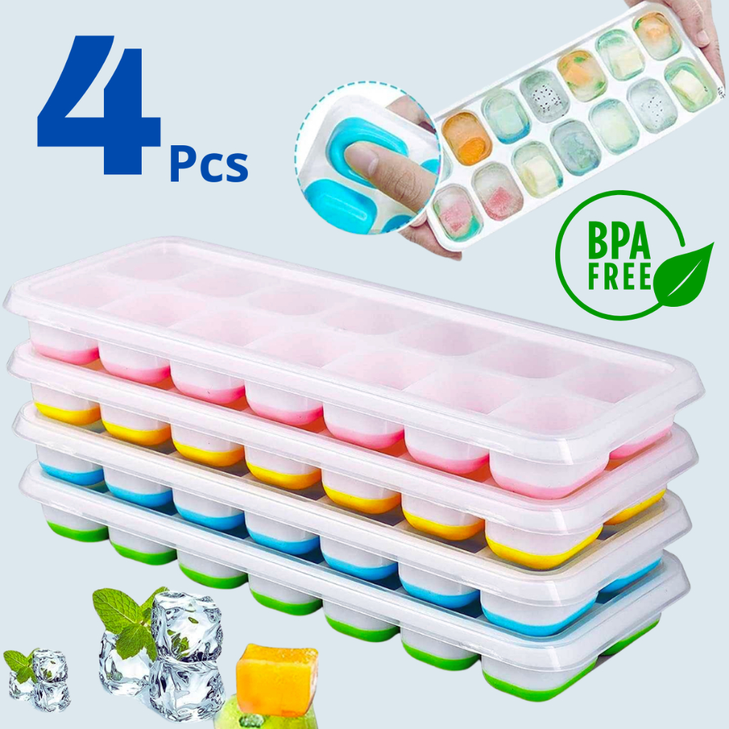 Kit 4 Formas de Gelo Silicone Com Tampa Rígida Flexível Fundo Retangular 14 Cubos Multiuso Lavável