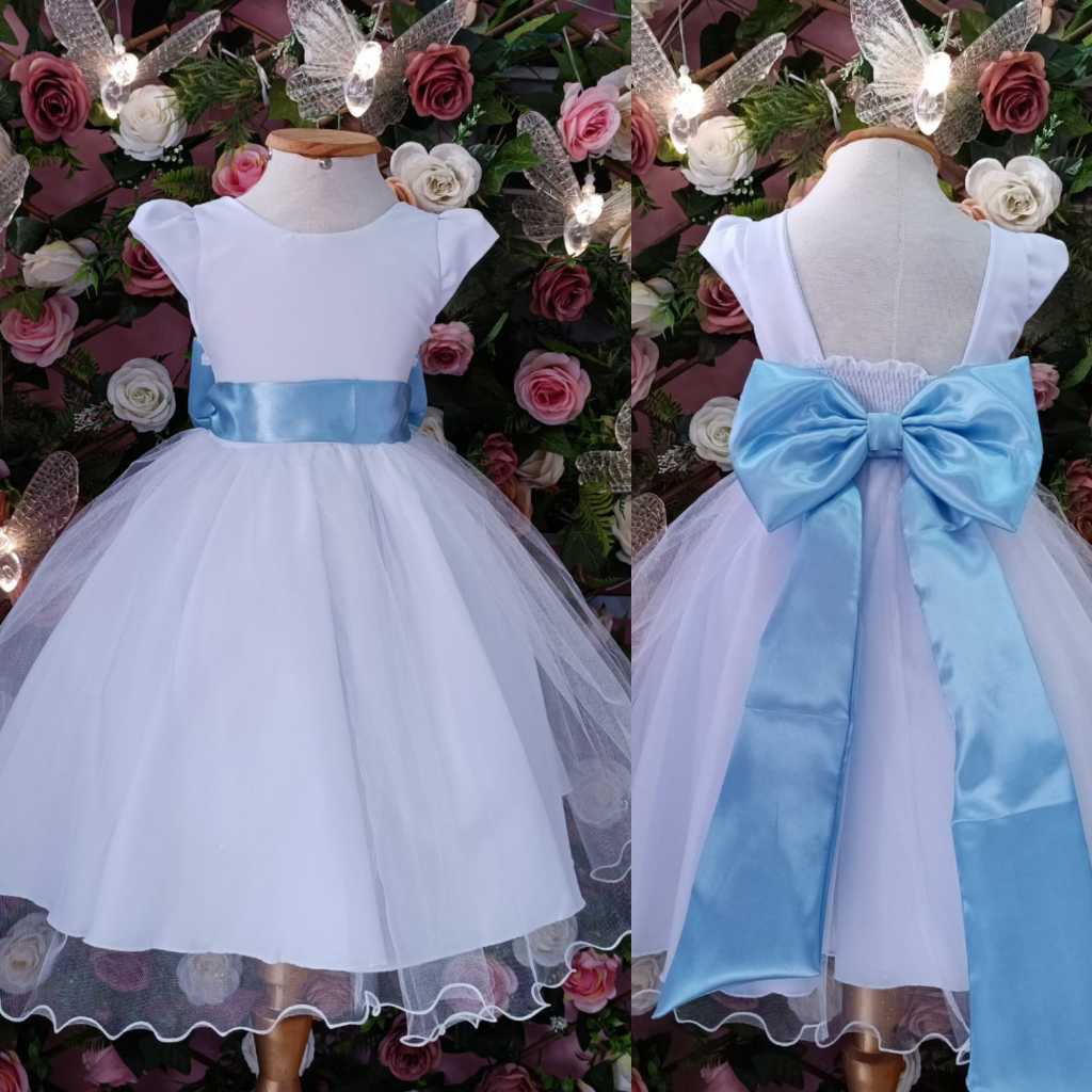 VESTIDO DE FESTA INFANTIL E JUVENIL MIDI BRANCO LAÇO E FAIXA AZUL