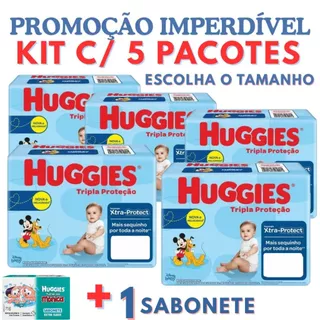 Kit com 5 Pacotes de Fralda descartáveis Huggies Tripla Proteção cha kit RN, P ,M G,XG + SABONETE em Oferta na Shopee