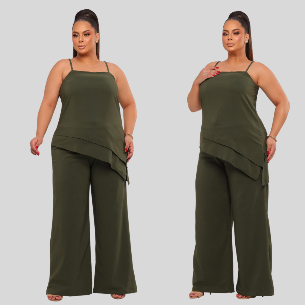 Conjunto Calça Pantalona Blusa Assimétrica Alcinha Plus Size GG