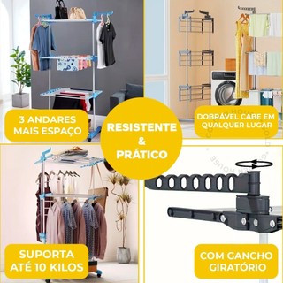 Varal De Chão Torre 3 Andares Retrátil Compacto, Dobrável e com Rodinhas — foto 2 — Achou Levou Brasil
