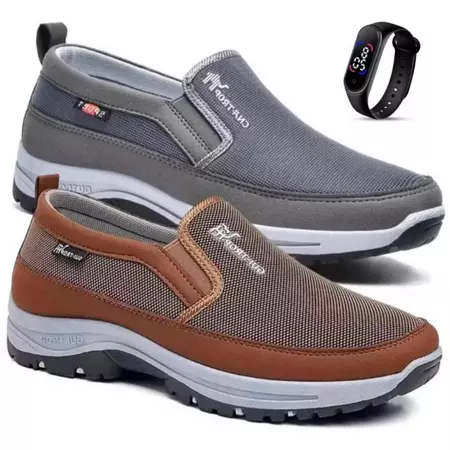 Kit 2 Pares De Tenis Sapatilha Mocasssin Masculino Ortopedico Adventure Trilha Com Solado Impermeável Leve + Relogio Led