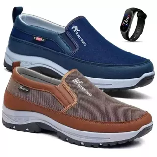 Kit 2 Pares De Tenis Sapatilha Mocasssin Masculino Ortopedico Adventure Trilha Com Solado Impermeável Leve + Relogio Led