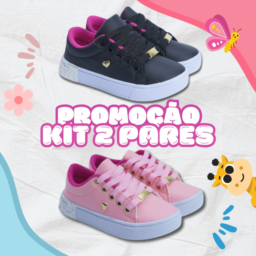 Kit 2 Tênis Infantil Feminino Leve e Moderno Escolar Macio 25 ao 36 Envio Imediato