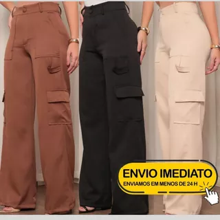 Calça Pantalona Feminina em Alfaiataria Cargo Casual Para Trabalhar ACOMPANHA CINTO