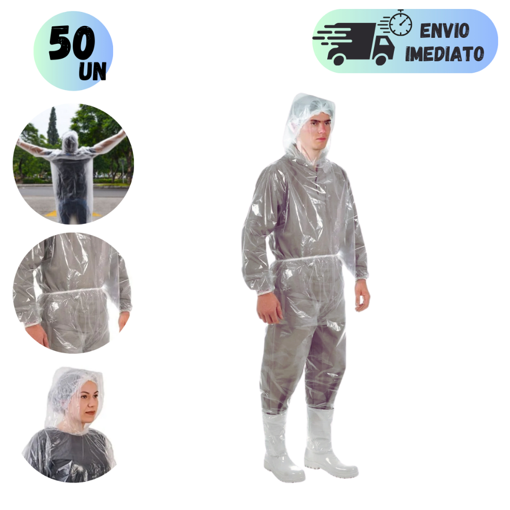 KIT 50 CONJUNTOS CAPA DE CHUVA DESCARTÁVEL TRANSPARENTE COM CAPUZ ...