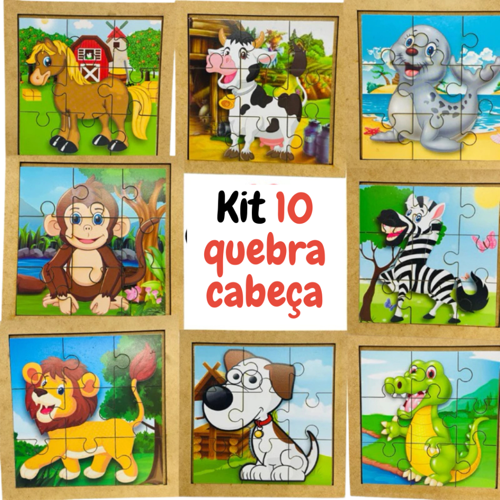 Kit 10 Quebra Cabeça Animais Infantil Mdf 9 Peças c/ Moldura Jogo ...