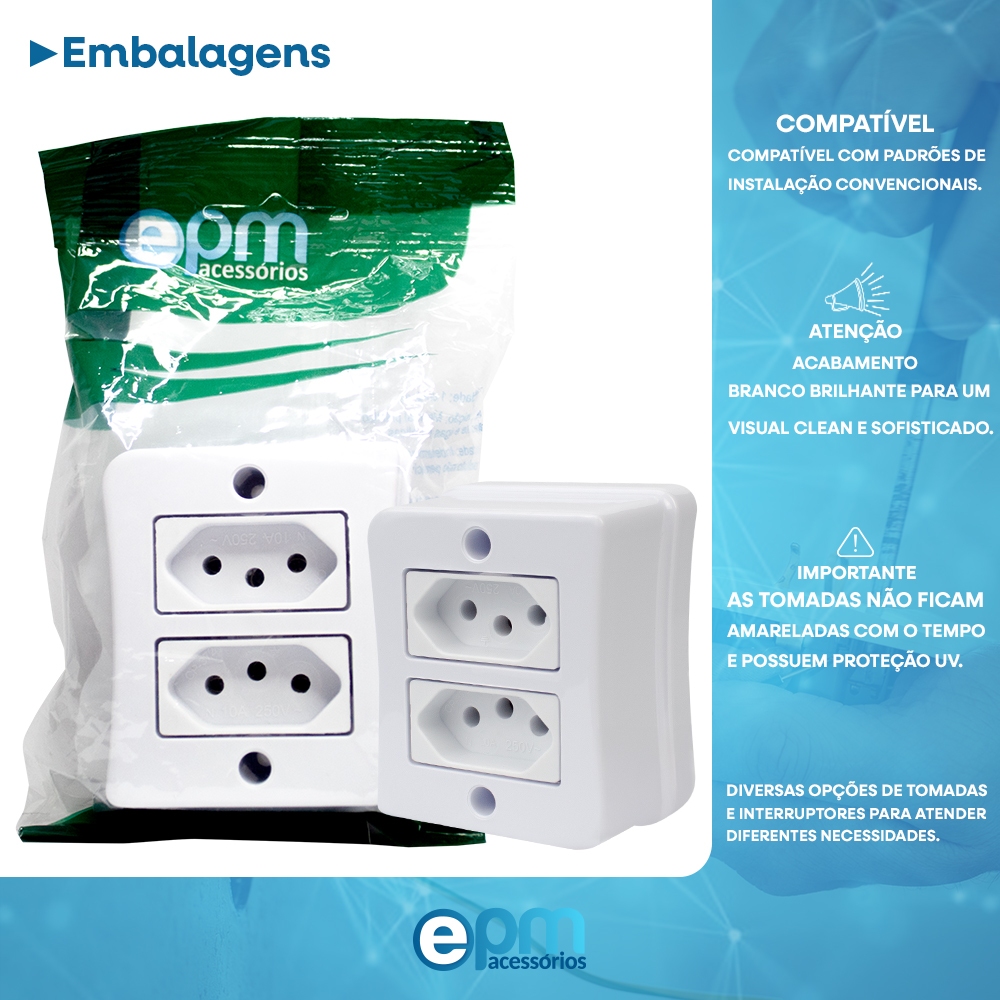 Kit 10 Tomada Dupla 2p+t 10A Sobrepor Externo Com Placa Espelho