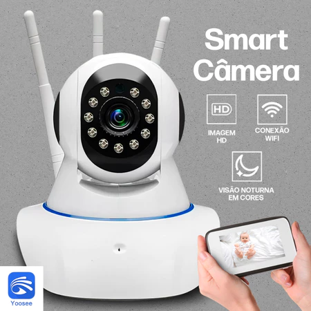 Câmera IP Wi Fi 360° 3 Antenas HD Babá Eletrônica Smart Visão Noturna Alarme Sem Fio App Yoosee