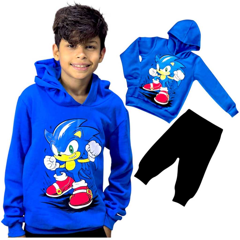 Conjunto Infantil Menino Sonic de Frio Com Capuz e Calça | Shopee Brasil