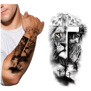 Tatuagem Temporária Falsa Masculina Feminina Jesus Cristo Leão Cruz Realista Religiosa Fake Homem