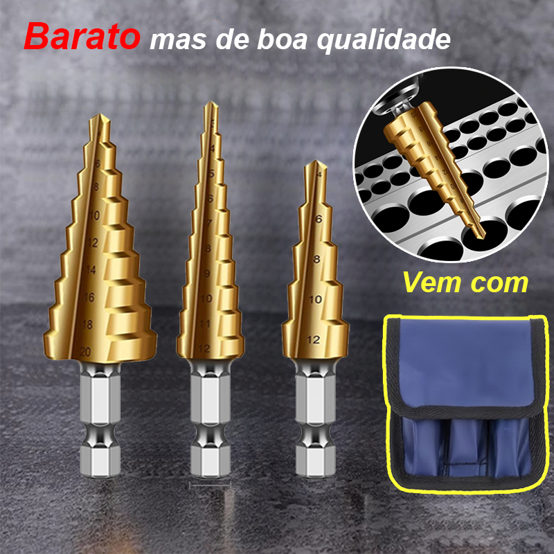 Conjunto de 3 brocas alta velocidade, ferramentas serra escalonada, broca de para metal e madeira 3-12 4-12 4-20m