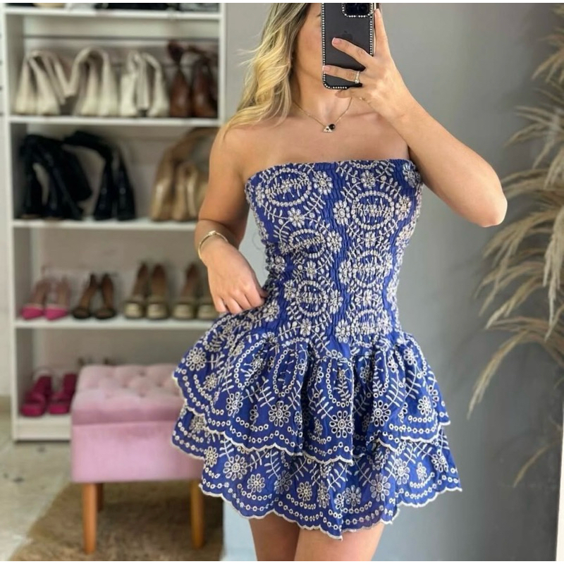 vestido tomara que caia bordado com forro e lastex | Shopee Brasil