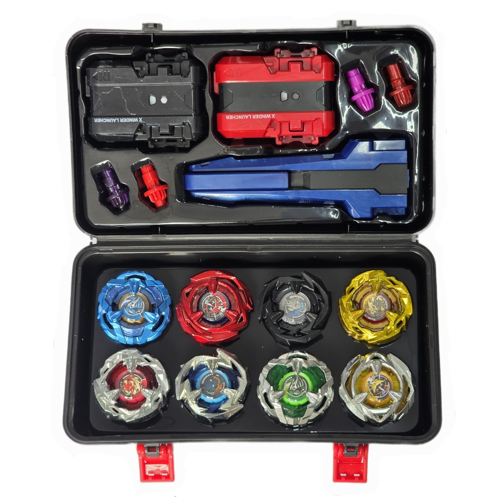 Kit 8 Piões de Batalha Com Lançador + Maleta De Transporte + Grip