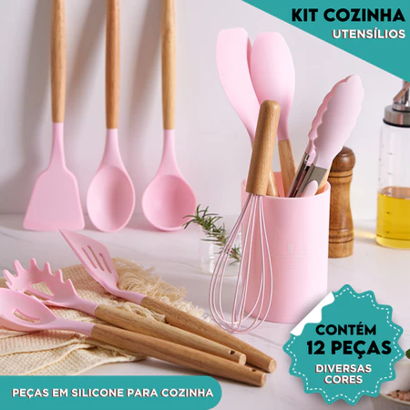 Kit 12 Utensílios de Cozinha Silicone Cabo Madeira Resistente Calor Espátula Colher Antiaderente