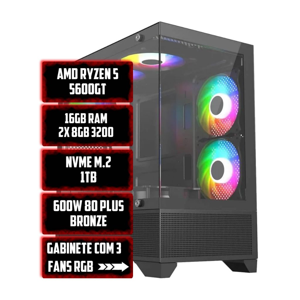 PC GAMER FURST RYZEN 5 5600GT, 16GB RAM, NVME 1TB, 600W 80 PLUS, VEGAS 7, GABINETE 3 FANS RGB