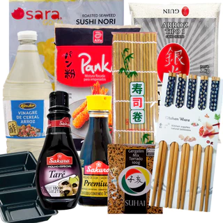 Kit Sushi Hot Holl Arroz Grão Curto Alga 10folhas Shoyu 150ml Molho Tarê Farinha Panko 200g