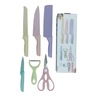 Conjunto 6 Peças Facas Coloridas Tesoura Descascador Cozinha Gourmet