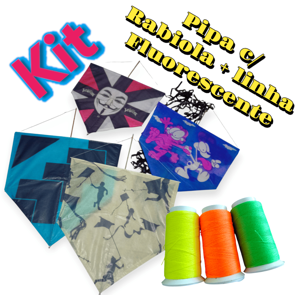 Kit 3 pipas com rabiola + linha fluorescente estampas aleatórias ...