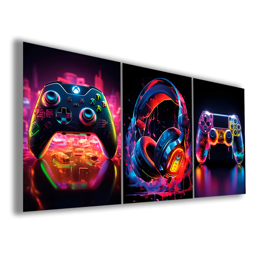 Quadro Decorativo Controle Colorido Gamer Jogo Headset Game Gamer Colorido Neon