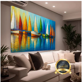 Quadro em tela tecido pintura barcos no mar decorativo 120x80cm com borda infinita