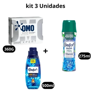 kit 1 Sabão em Pó OMO Branco Absoluto 360g + 1 Amaciante Comfort Azul 500ml + 1 Comfort Boom cristais Azul 275g
