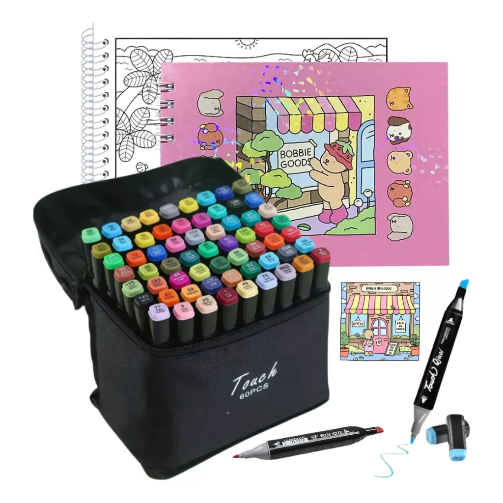 Kit Livro De Colorir Com Conjunto De Canetas e Canetinhas Ponta Dupla ...