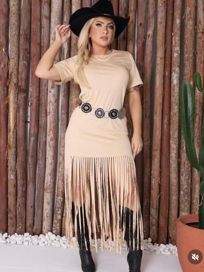 Vestido Country com Franja no Viscolaycra 01 | Shopee Brasil