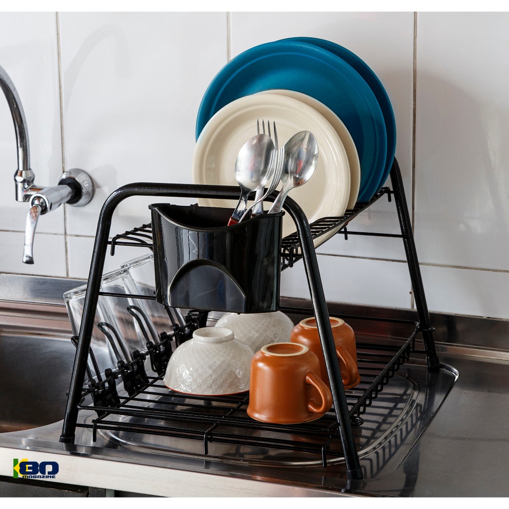 Escorredor Louça 16 Pratos Black 2 Andares Porta Talher e Compartimento Para Copos Moderno