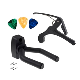 Suporte Parede Emborrachado Instrumentos Violão Ukulele + 3 Palhetas+ Capotraste Preto VL