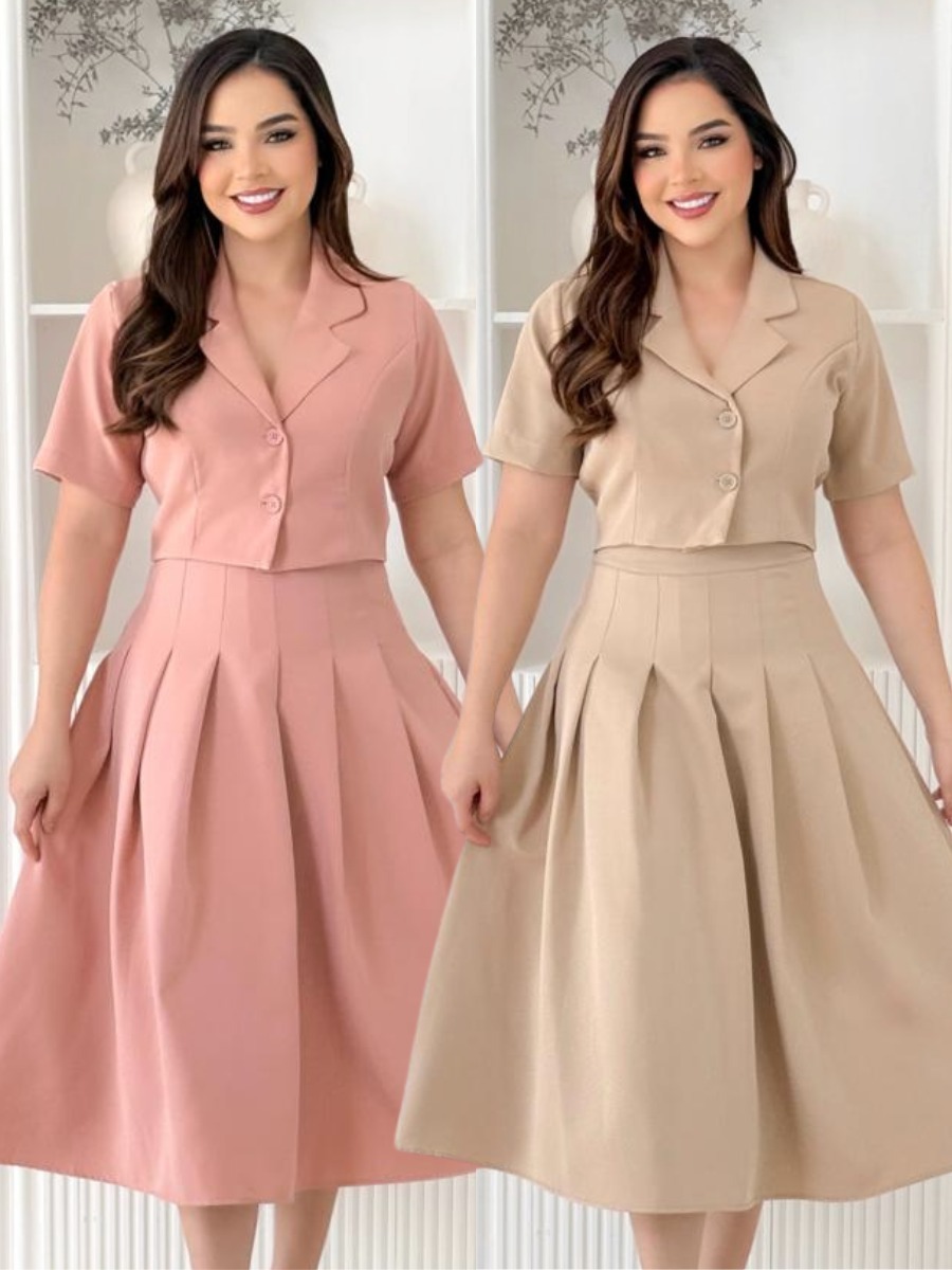 Moda Evangelica Saia Social Rodada Conjunto Feminino Social Saia Rodada E  Blusa Com Botão Moda