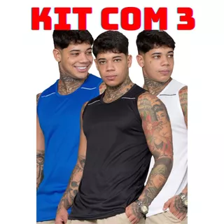 KIT 3 REGATA DRYFIT LISA MASCULINA TREINO CORRIDA CAMISETA ACADEMIA CAMISA CORRIDA