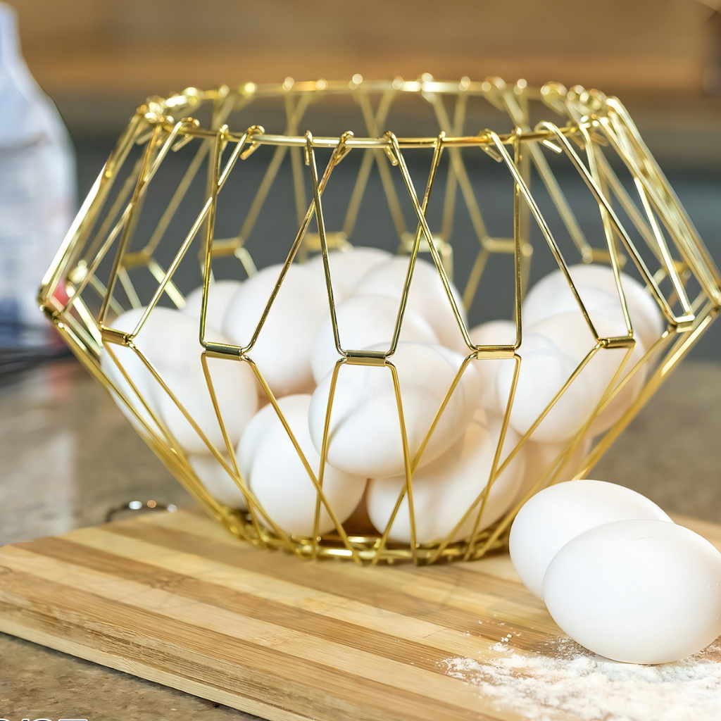 Fruteira Cesto Aramado Dobrável Multiuso Grande Dourado para Ovos e Mesa