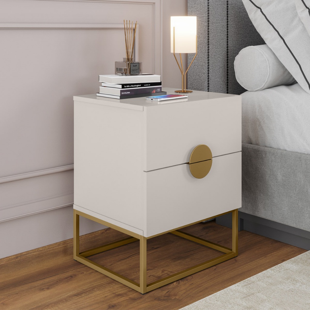 Mesa De Cabeceira Steel Luxo Industrial Base De Aço Com 2 Gavetas 