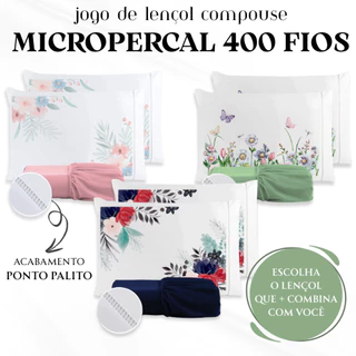 Kit Jogo de Lençol Micropercal 400 FIOS - Compouse Fronha Estampa Floral Ponto Palito + Lençol Cores em Oferta na Shopee