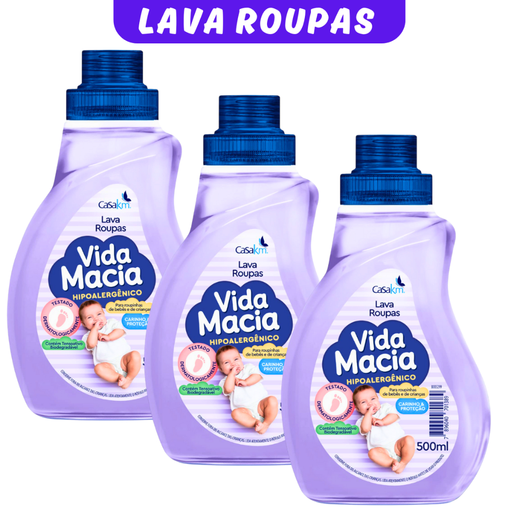 Kit 3 Lava Roupas Bebê Vida Macia 500ml Sabão Liquido | Shopee Brasil