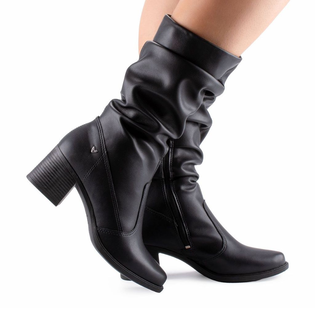 Bota Feminina de Cano Médio Enrugada Slouch Salto Bloco Baixa Grosso ...