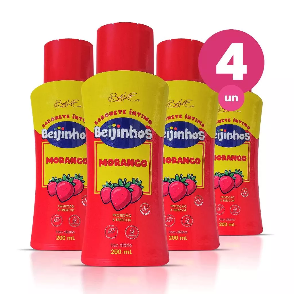 Kit 4 Sabonete Íntimo Feminino Morango Beijinhos Proteção e Frescor 200ml