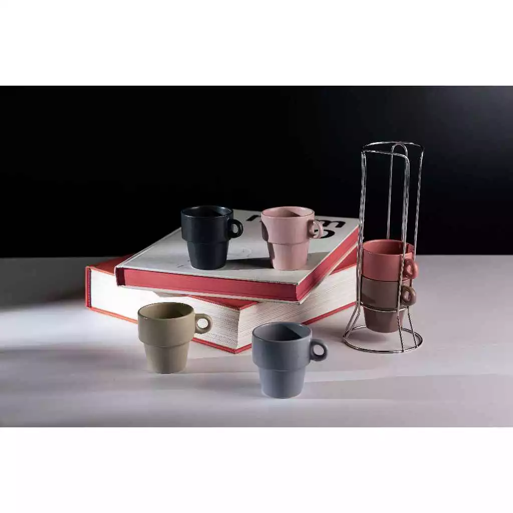Conjunto com 6 Xícaras de Café Empilháveis com Suporte Coloridas – Wolff