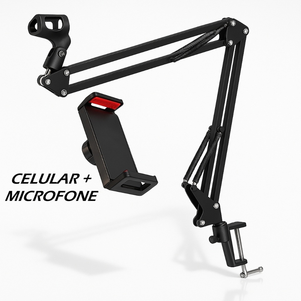 Braço Articulado de Mesa para Microfones e Celular Suporte Ajustável para Estúdio e Gravação