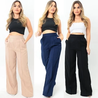 Calça Pantalona em Linho com Elástico na Cintura Bolsos