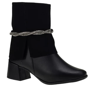 Bota Salto Feminina Bico Quadrado Cano Médio Shekinah Detalhe Strass Ziper Lateral Gola Virada Capa