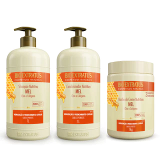 Kit Mel Shampoo, Condicionador, Banho de Creme Bio Extratus - 1L Preenchimento e Hidratação