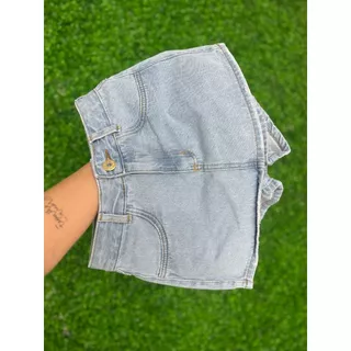 Short Saia Jeans Feminino Cintura Alta Lavagem Clara