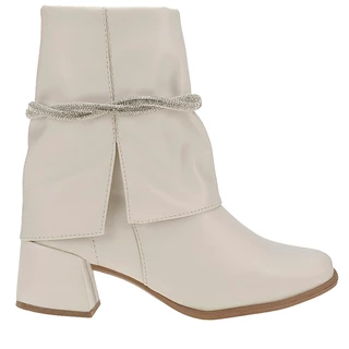 Bota Feminina Salto Grosso Bico Quadrado Cano Médio Shekinah Strass Capa Sobreposta Gola Virada Moda