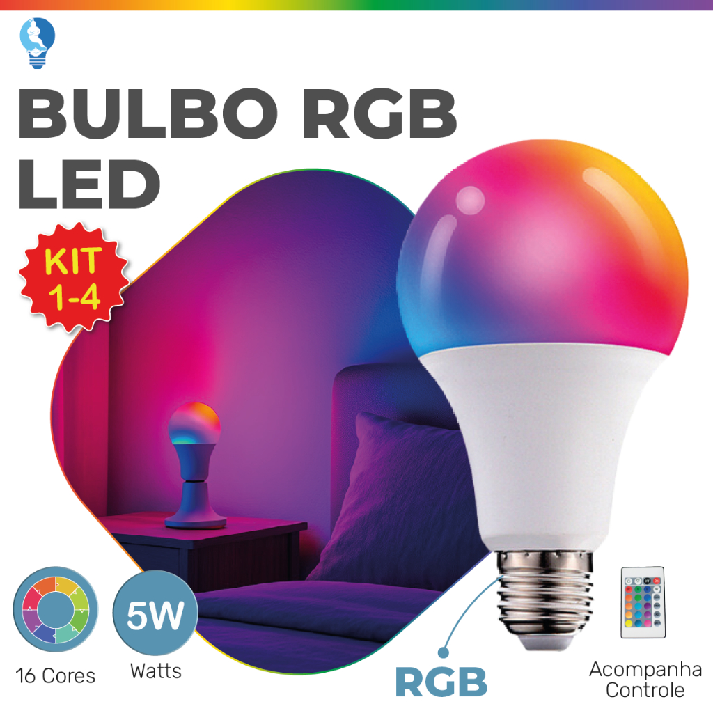 Kit 4 Bulbo LED RGB 5W Colorida c/ Controle de mudar a cor Bivolt 110V ...