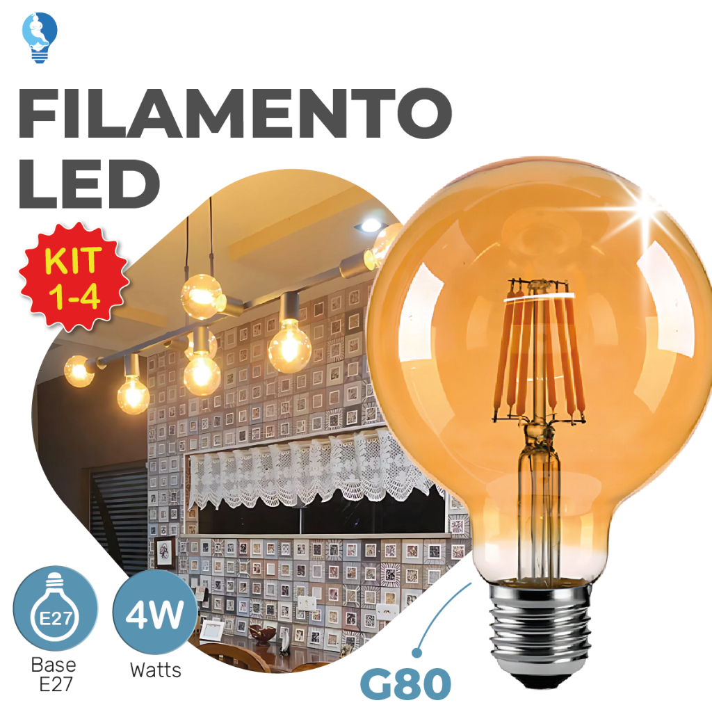Lâmpada Filamento LED G80 4W E27 LUZ QUENTE (AMARELO) Âmbar Retrô Vintage 110V~220V | Bivolt