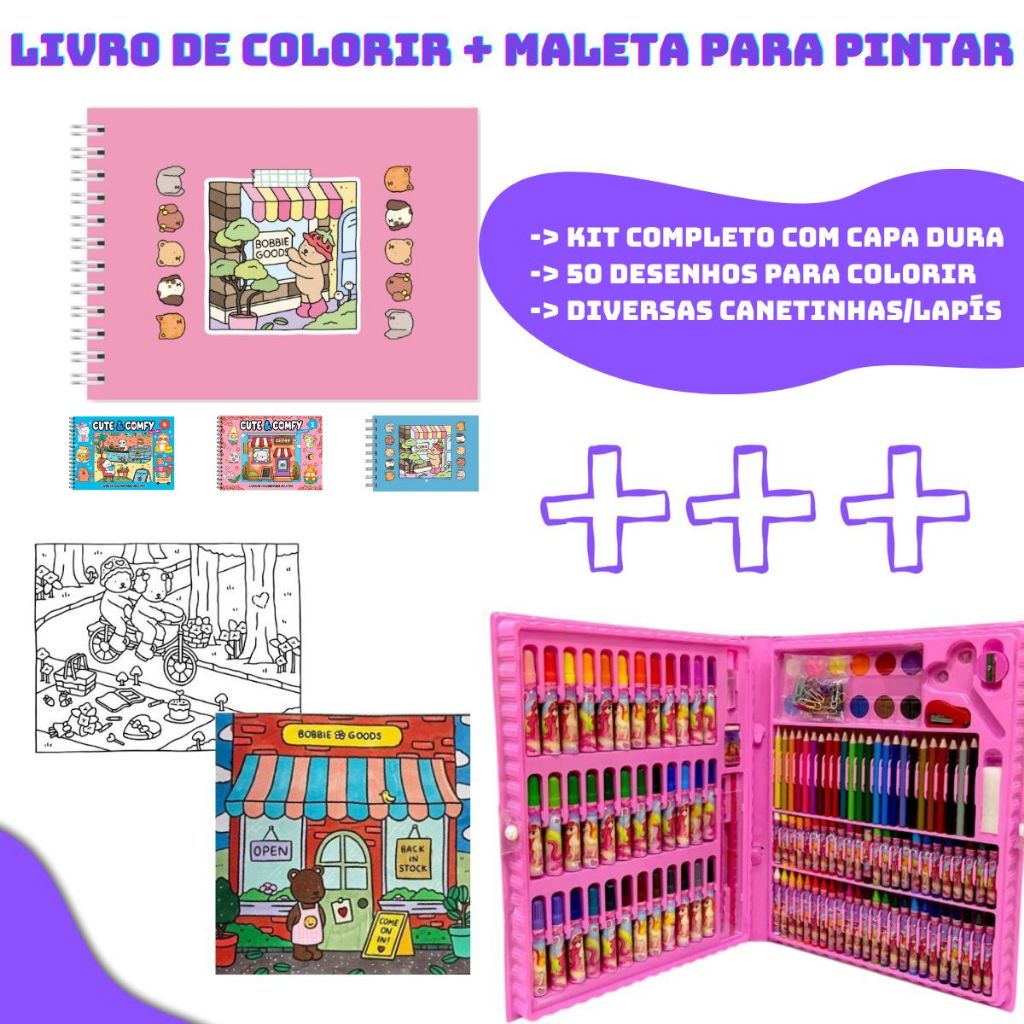 Kit Livro de Colorir Tipo Bobbie Goods 50 Folhas 180 Gramatura + Maleta ...