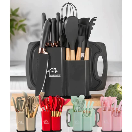 Kit Conjunto19 Pçs De Utensílios Facas Silicone Cozinha Jogo Completo Batedeira Colher Pegador -R9
